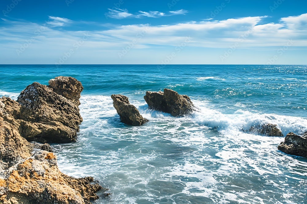 Rocky coastline with waves crashing on the shore under a blue sky with clouds Rocky coastline with waves crashing on the shore under a blue sky with clouds