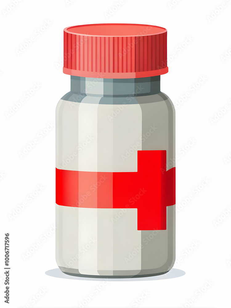 Elegant Flat Vector Illustration of a Medicine Bottle with Red Ribbon Label - Camera Rotates to Showcase Intricate Details in a Smart Business Style Elegant Flat Vector Illustration of a Medicine Bottle with Red Ribbon Label - Camera Rotates to Showcase Intricate Details in a Smart Business Style