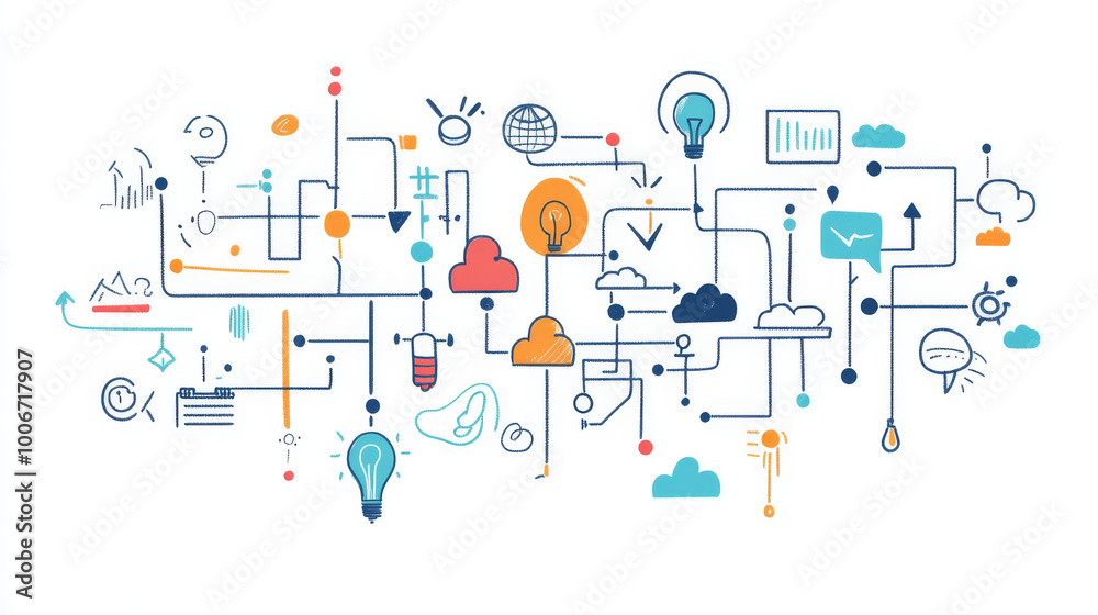 A hand-drawn style mind map with abstract shapes and connections, illustrating the flow of ideas and brainstorming A hand-drawn style mind map with abstract shapes and connections, illustrating the flow of ideas and brainstorming