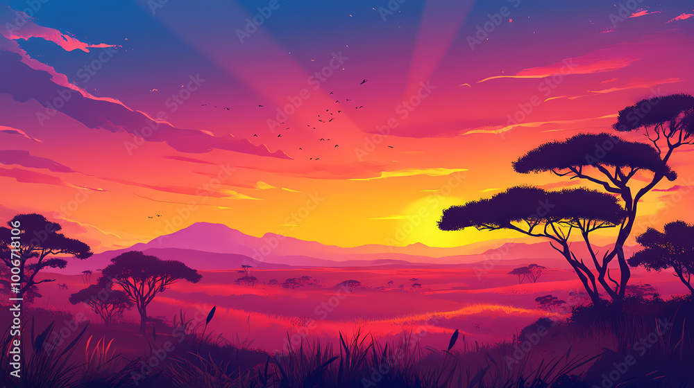 Obraz premium Sunset over a savanna landscape. Savanna at Dusk. Illustration