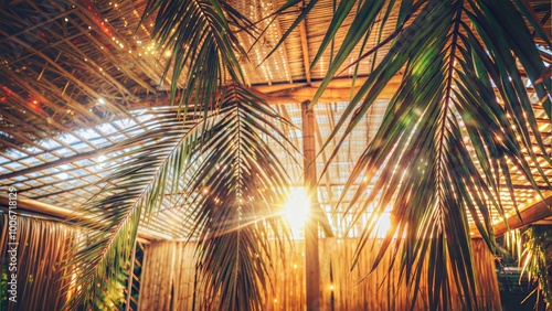 Abstract sukkah background, warm sunlight, vibrant palm leaves
