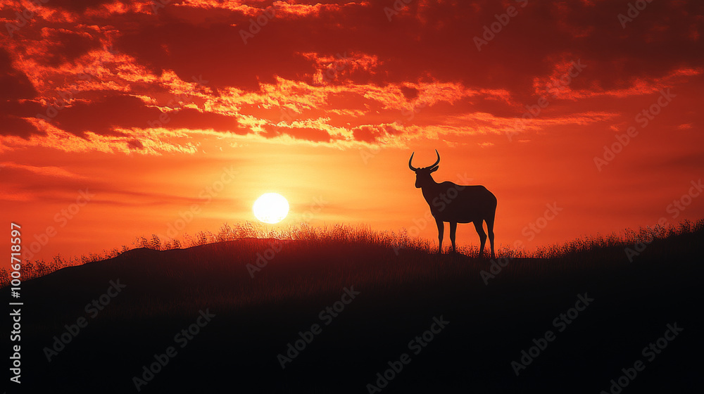 A lone animal silhouetted against a sunset, standing on a hill, with the sky painted in warm orange and red hues A lone animal silhouetted against a sunset, standing on a hill, with the sky painted in warm orange and red hues