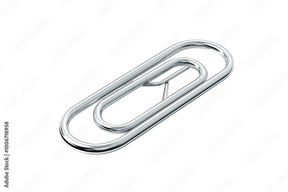 A single shiny paperclip on a white background, perfect for organizing documents and adding a touch of elegance to your office.