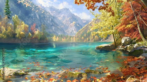 Fototapeta Naklejka Na Ścianę i Meble -  Autumnal Serenity: A Mountain Lake Reflects the Colors of the Season