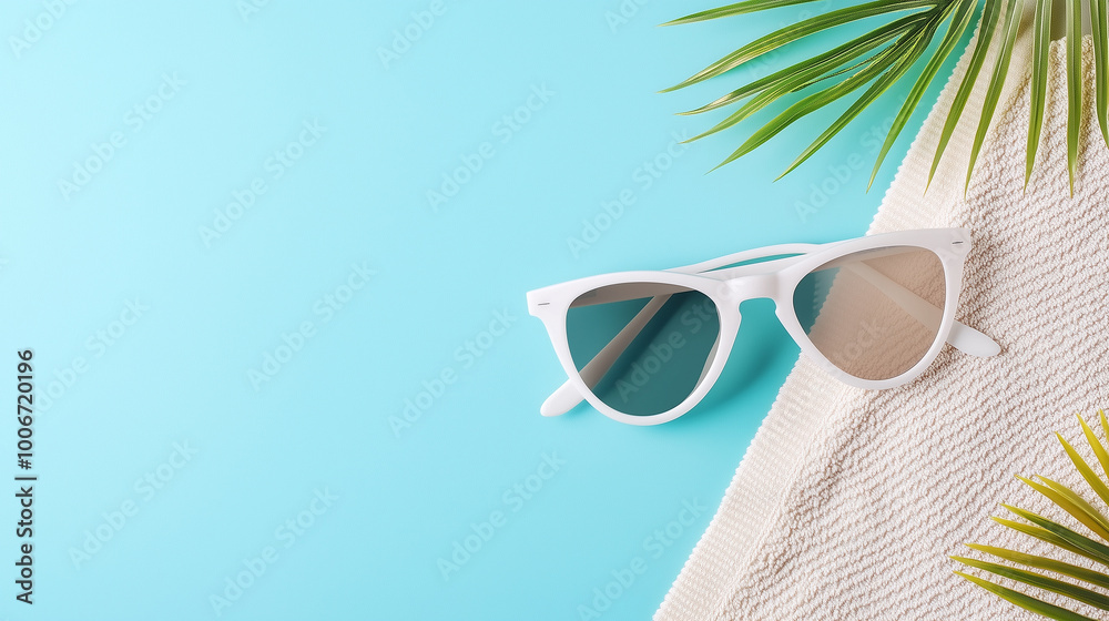 Stylish sunglasses on a beach towel with tropical leaves