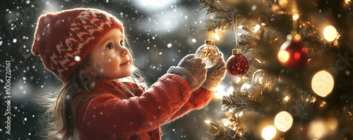 A child decorating a Christmas tree with glitter ball and baubles during winter with snowflakes on the background.