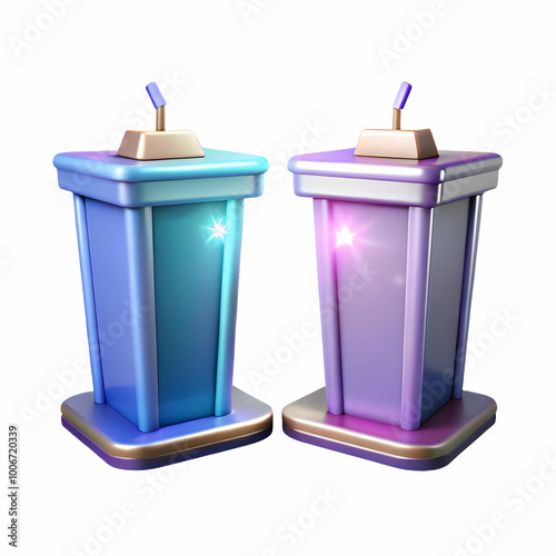 Holographic Candidate Debate Podiums on Stage: Empty Glowing Podiums with Party Colors for Political Debate - Photo Stock Concept with Copy Space