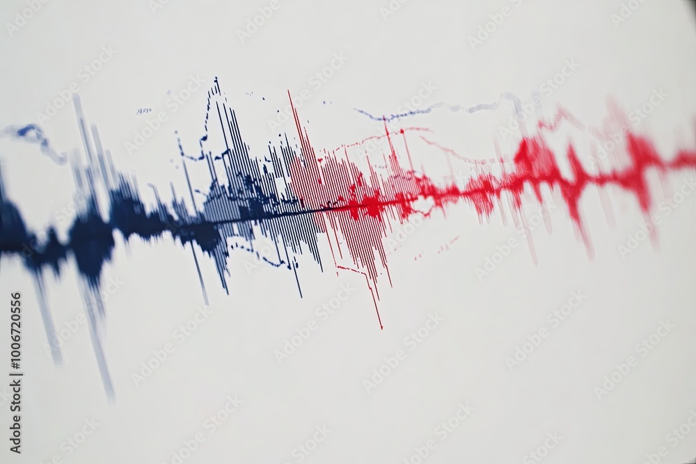 Obraz premium A close-up of an audio waveform on a white background, showing different colors of the sound waves.