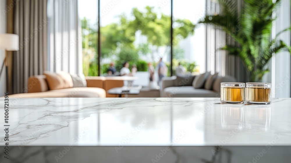 Beautiful white tabletop counter with a blurred, bright, and clean modern living room interior. Generative AI Beautiful white tabletop counter with a blurred, bright, and clean modern living room interior. Generative AI
