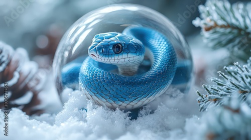 Christmas Tree and snake inside snow ball on snow winter background. Generative AI