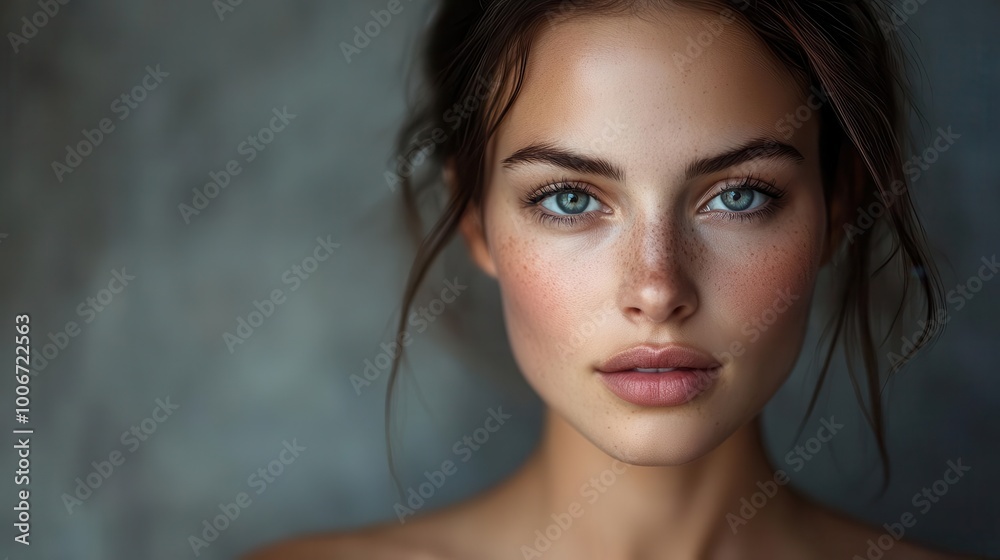 striking close-up portrait of brunette woman, captivating gaze, flawless skin, dramatic lighting on gray backdrop, timeless beauty