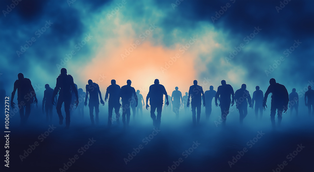 Silhouette of zombie horde against dark sky background Silhouette of zombie horde against dark sky background