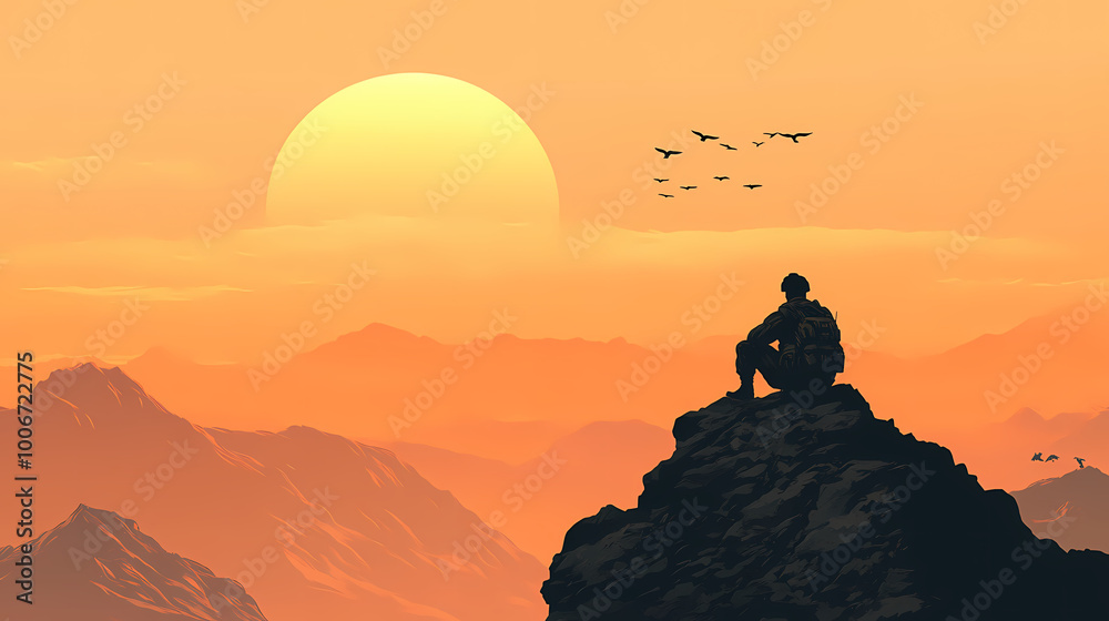 Soldier sitting on a mountain peak, watching the sunrise over vast landscapes with birds flying in the distance. Mountain Peak. Illustration Soldier sitting on a mountain peak, watching the sunrise over vast landscapes with birds flying in the distance. Mountain Peak. Illustration
