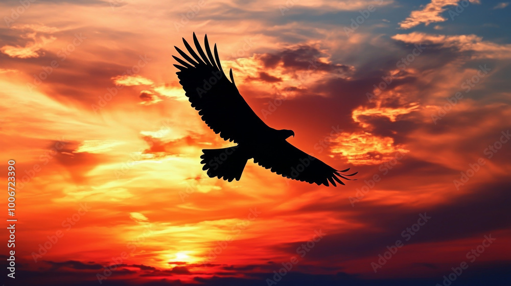 Obraz premium The silhouette of an eagle soaring high, wings outstretched against a vivid sunset sky