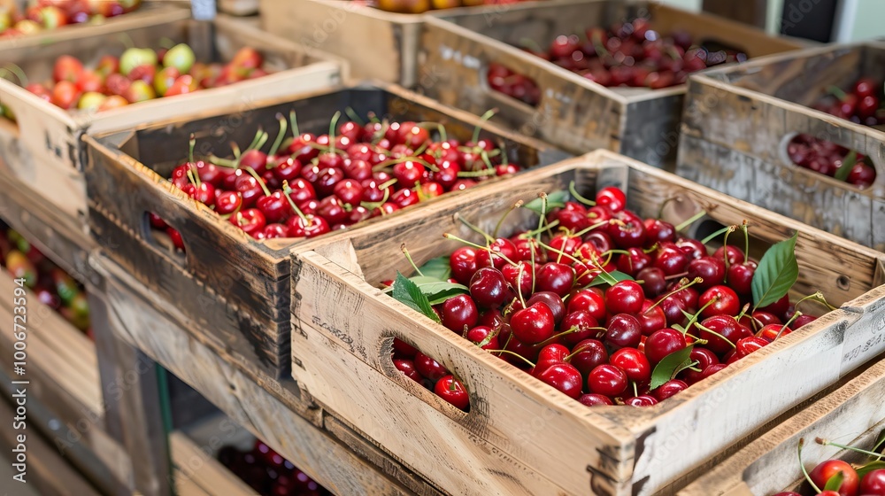 cherries are placed on a wooden stand in the supermarket with other fruits cherries are placed on a wooden stand in the supermarket with other fruits