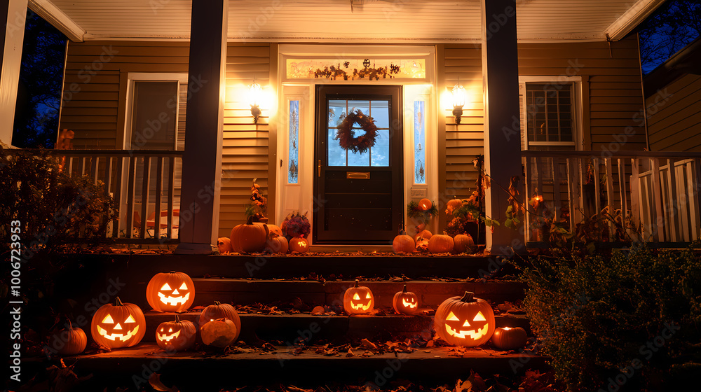 Fototapeta premium a house with pumpkins lit up on the front porch and front door at night with a wreath on the front porch, Dennis Ashbaugh, folk art, spooky,