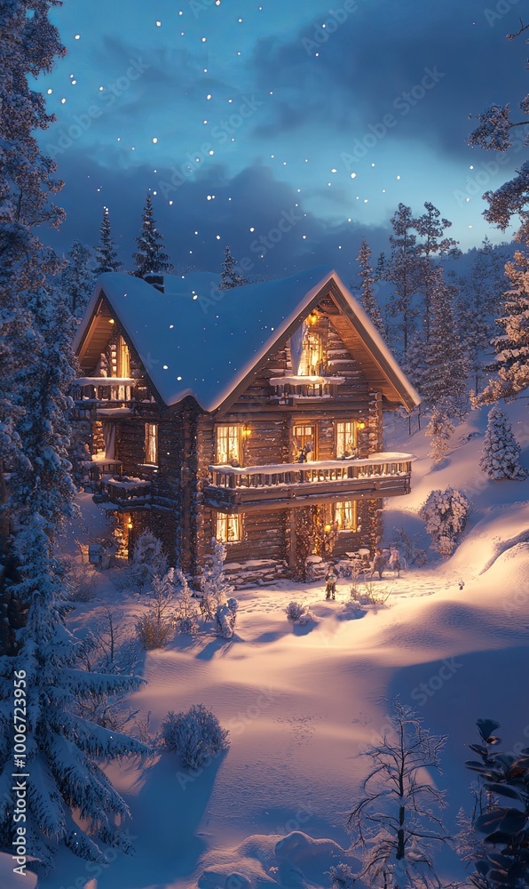 A cozy wooden cabin nestled in a snowy forest under a starry night sky. A cozy wooden cabin nestled in a snowy forest under a starry night sky.