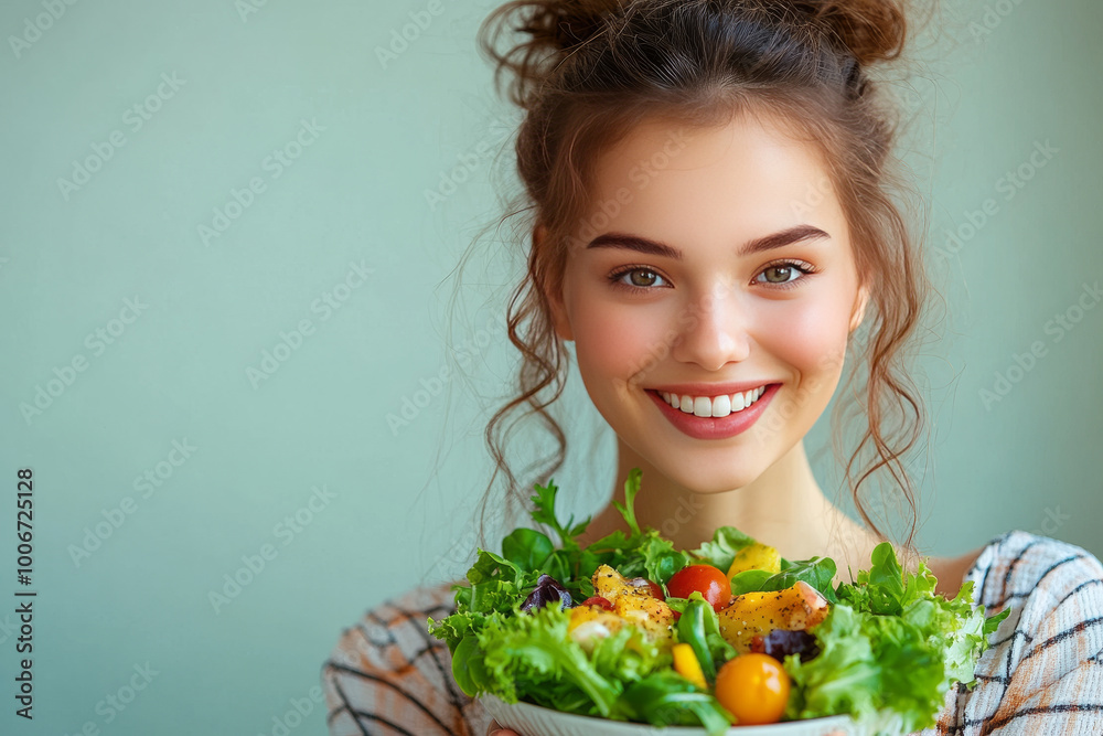 Overweight girl eating healthy vegetable salad Overweight girl eating healthy vegetable salad