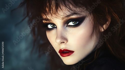 A woman with dark makeup and red lipstick