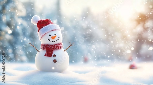 Merry Christmas and Happy New Year Greeting Card Design Featuring a Joyful Snowman in a Magical Winter Landscape with Snowy Background and Ample Copy Space photo