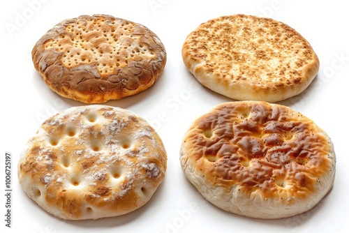 Collection of 4 bread bun slice set. English Muffin, Crumpet griddle, Pita Pitta, Tortilla flatbread on transparent background cutout, PNG file. Mockup template for artwork design. MZ photo