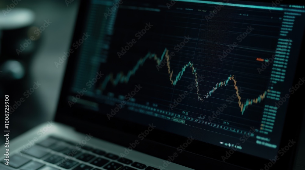 Stock market chart displaying on laptop screen in dark mode Stock market chart displaying on laptop screen in dark mode