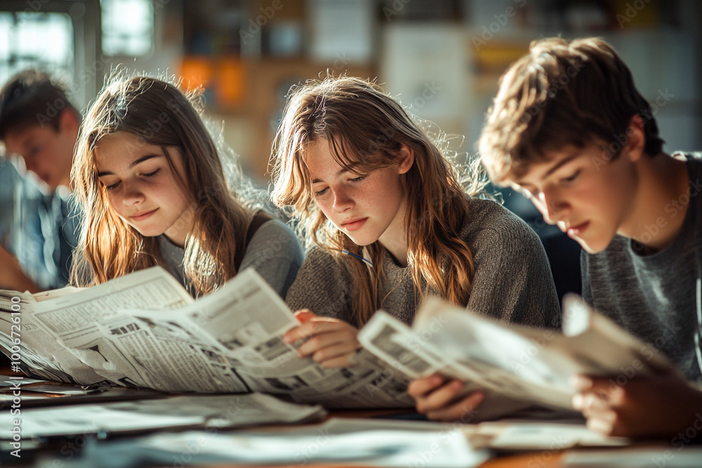 Students working on a school newspaper article, collaborating on design and layout, learning about journalism