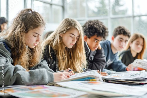 Students working on a school newspaper article, young people learning about design and layout, practicing creativity in education
