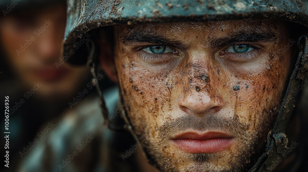 Intense portrait of a soldier with dirt and grit on his face. Intense portrait of a soldier with dirt and grit on his face.