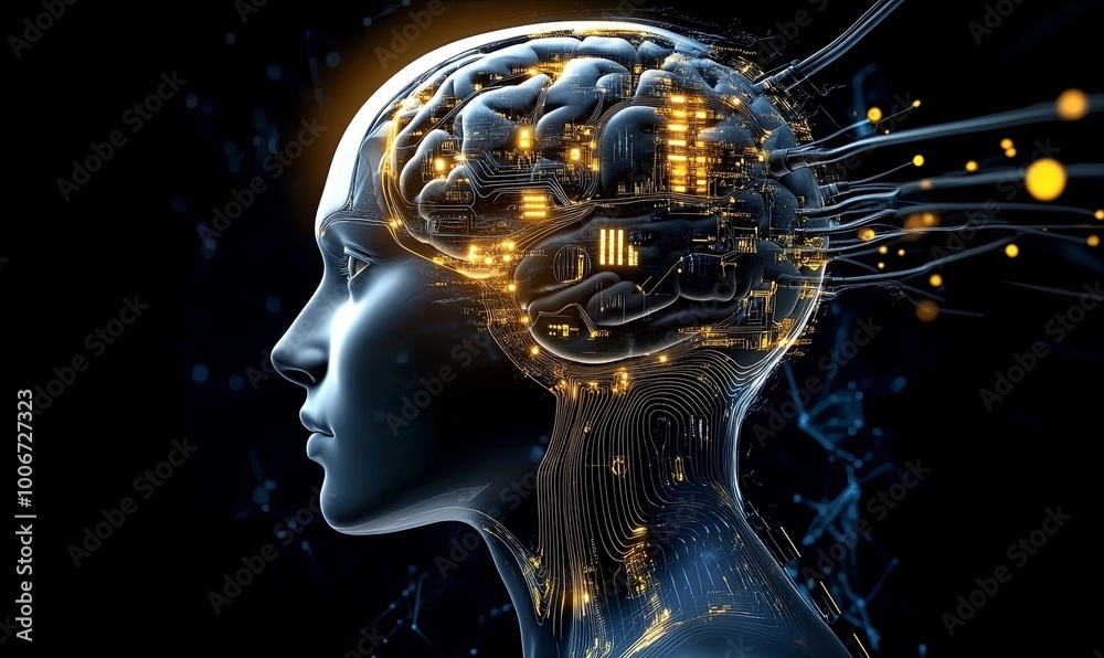 A digital representation of a human head with a glowing circuit board inside the brain. A digital representation of a human head with a glowing circuit board inside the brain.
