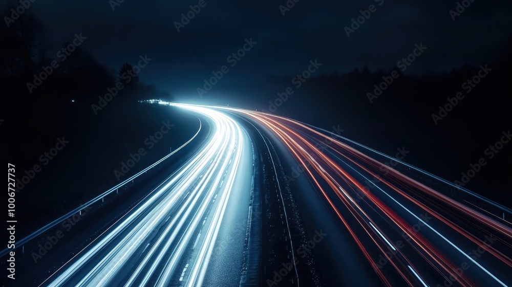 Night cityscape with traffic light trails and a starry sky.
