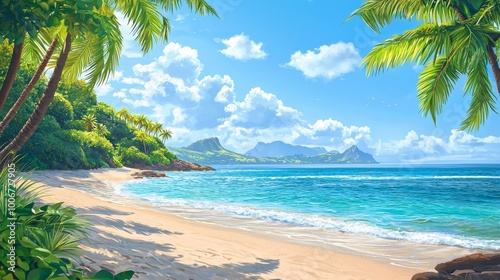 Lush tropical beach with turquoise water and palm trees, paradise scene, desktop background 