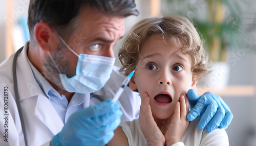 Doctor holding syringe with chickenpox vaccine and scared child on background, closeup. Varicella virus prevention