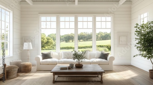 sun-drenched farmhouse living room. white shiplap walls, natural textures, vintage accents. large windows frame lush countryside view.