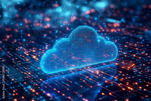 A glowing blue digital cloud figure above a circuit board, symbolizing the concept of cloud computing technology.