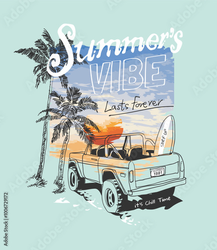 summer vibe slogan with beach truck and palm tree on sunset background vector illustration