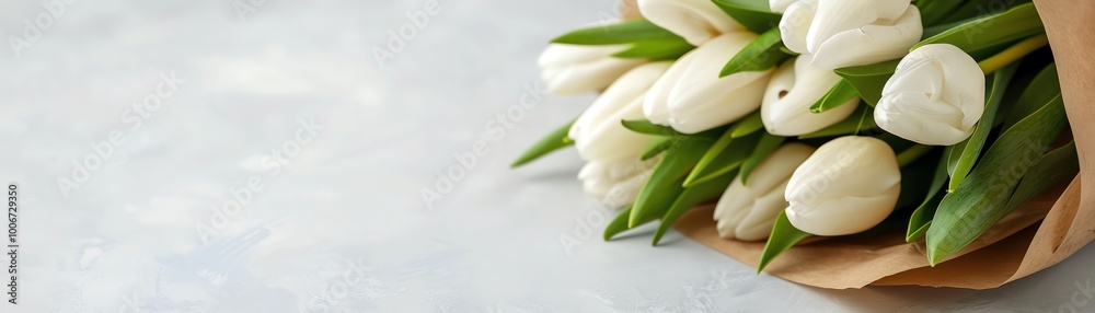 A beautiful bouquet of white tulips arranged elegantly in brown paper, perfect for spring celebrations and floral compositions.