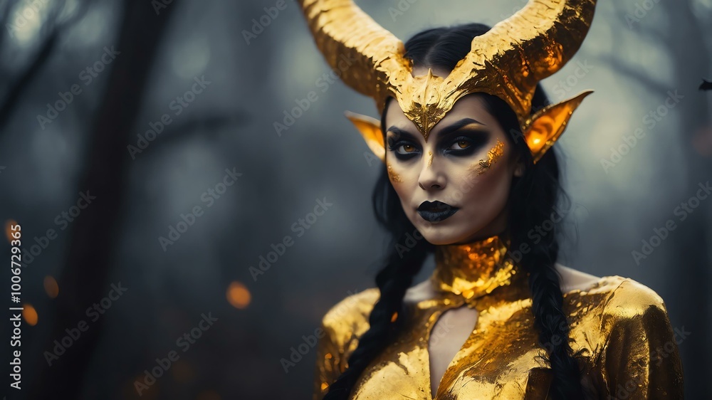 abstract eerie glowing gold closeup of a Halloween succubus on misty background, bokeh background abstract eerie glowing gold closeup of a Halloween succubus on misty background, bokeh background