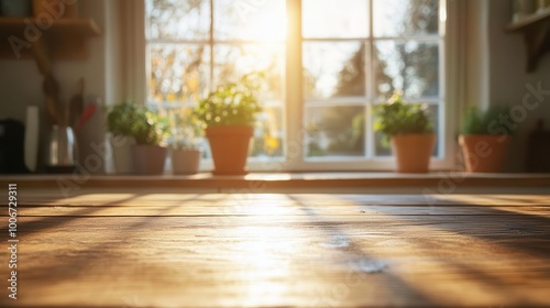 sun-drenched kitchen window blurs into soft focus, framing weathered wooden table surface. warm light creates inviting atmosphere, perfect for food photography or rustic lifestyle scenes.