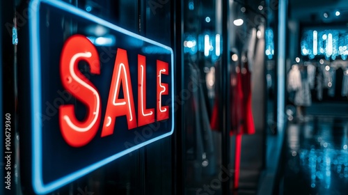 A neon-lit sale sign displayed on a retail window, highlighting discount offers at various clothing retail outlets.