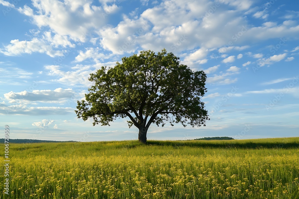 Obraz premium Lonely Tree in Field Under Blue Sky with White Clouds