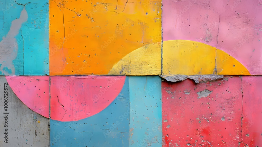 Naklejka premium A colorful piece of geometric wall art, mixing vibrant hues and weathered textures in dynamic abstract patterns for impactful visual effect.