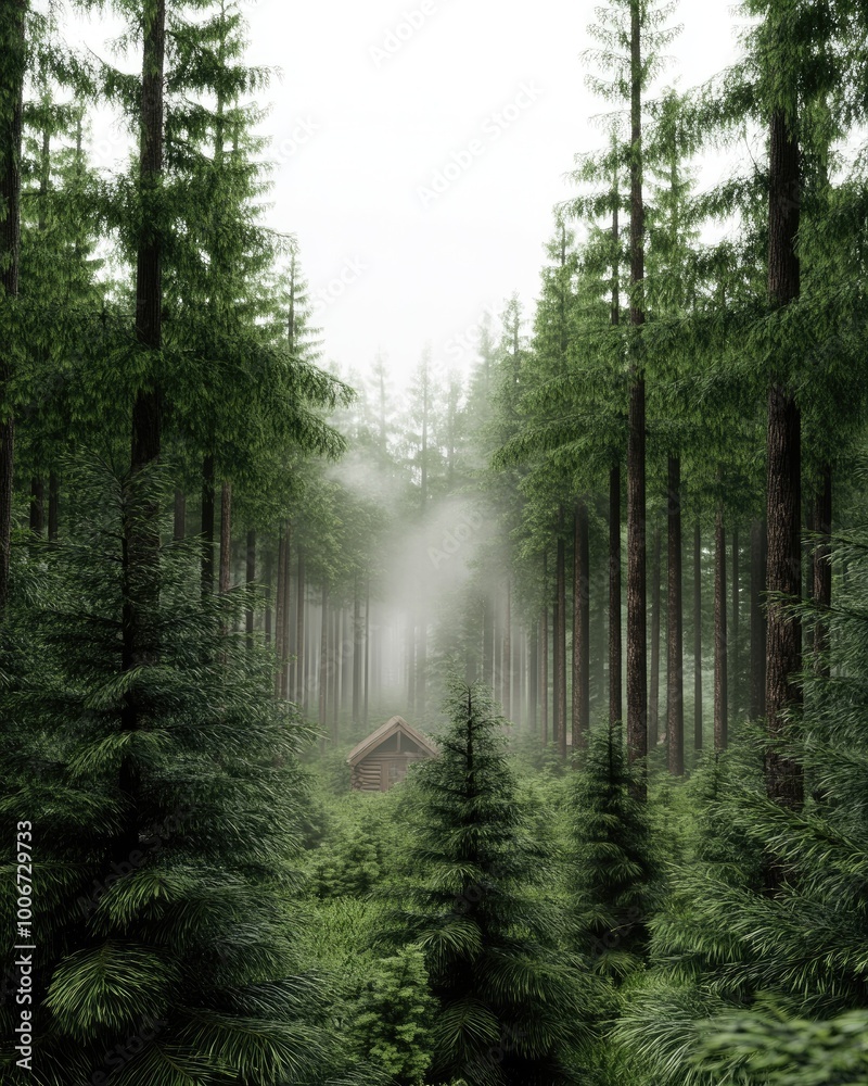 Obraz premium Misty Forest View with Cabin in Tranquil Landscape