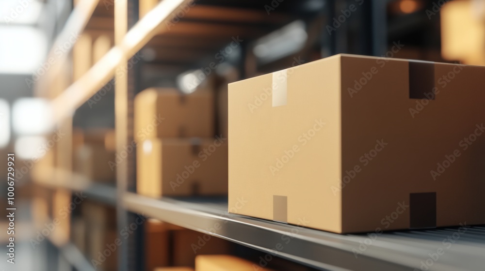 Close-up of delivery service warehouse, boxes on shelf Close-up of delivery service warehouse, boxes on shelf