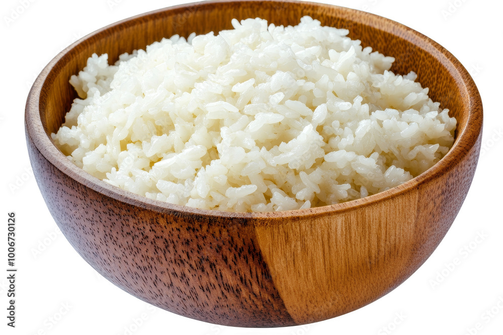 Wooden bowl with boiled rice on transparent background Wooden bowl with boiled rice on transparent background