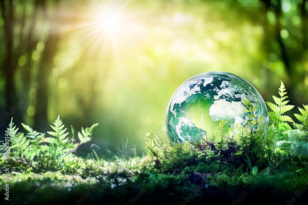 A glass globe sits on a bed of moss in a lush forest, sunlight shining through the trees. A glass globe sits on a bed of moss in a lush forest, sunlight shining through the trees.