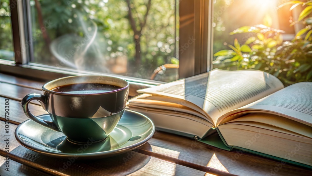 Steaming coffee cup on the table, cozy mood, open book and sunlight streaming through the window Steaming coffee cup on the table, cozy mood, open book and sunlight streaming through the window