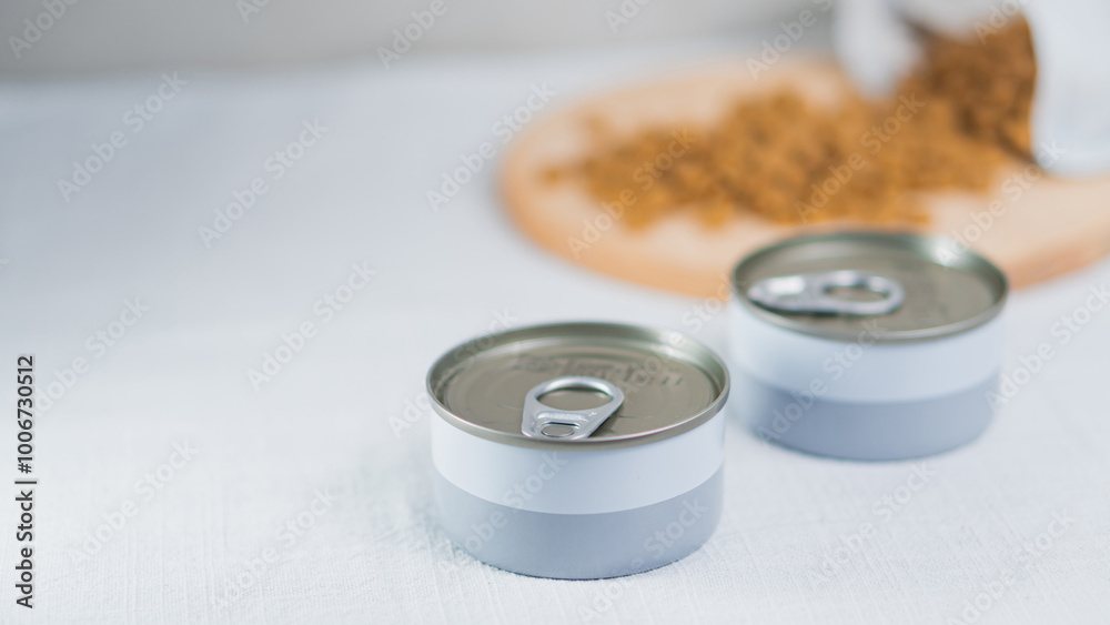 Minimalistic Canned Food on White Table Minimalistic Canned Food on White Table