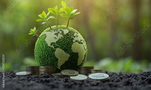 Fototapeta Naklejka Na Ścianę i Meble -  A globe with green foliage growing out of it sits on a pile of coins in soil.