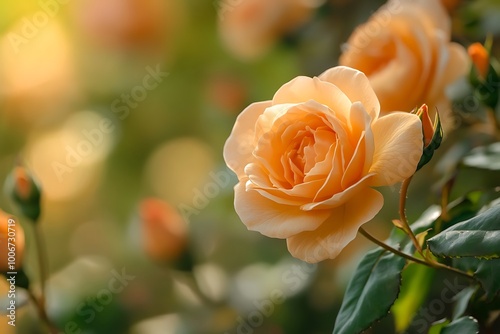 Close up of a delicate peach rose blossom in full bloom with a blurred green background. A beautiful summer flower.